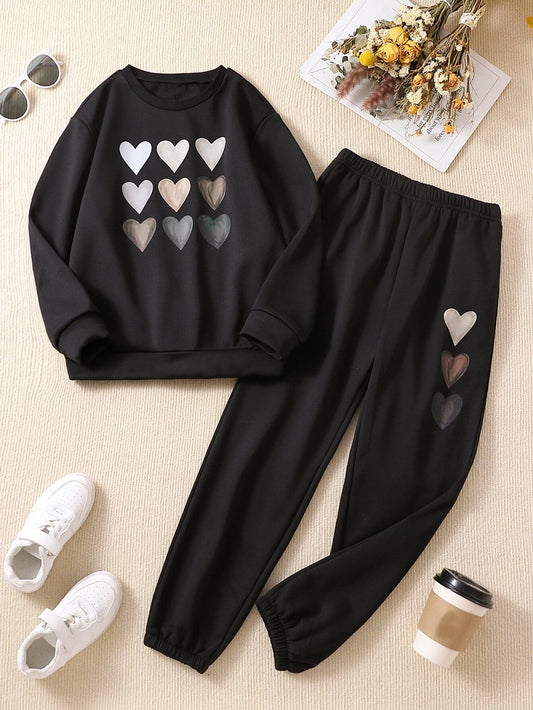 Girls Heart Print Drop Shoulder Pullover & Sweatpants