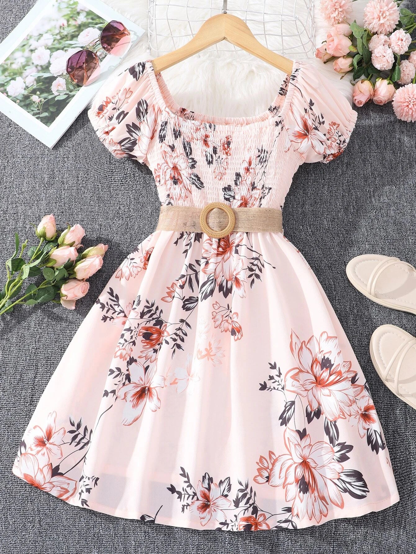 Girls Floral Print Shirred Puff Sleeve Belted Dress