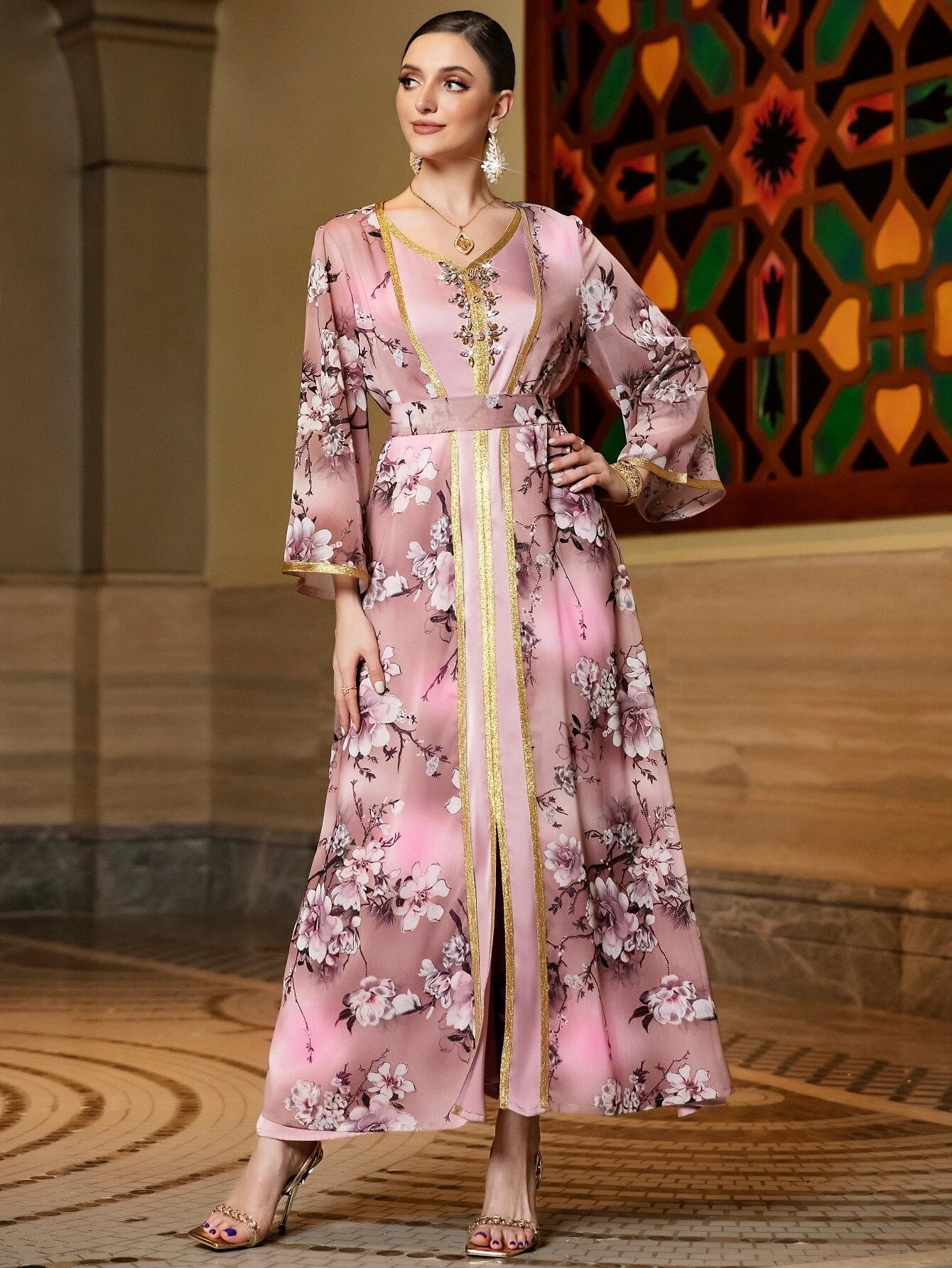 SHEIN Najma Flounce Sleeve Open Front Floral Print Abaya