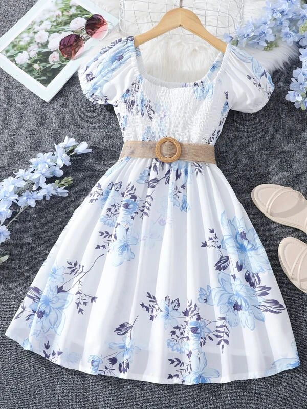 Girls Floral Print Shirred Puff Sleeve Belted Dress