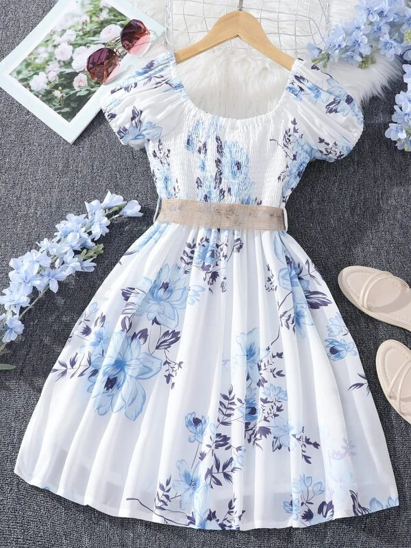 Girls Floral Print Shirred Puff Sleeve Belted Dress