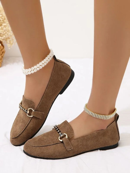 Women Metal Decor Square Toe Flats Fashion Corduroy Loafer