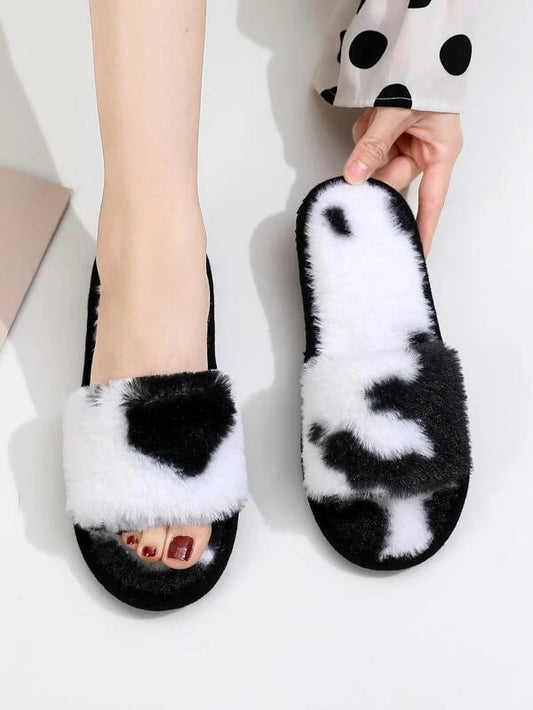 Cow Print Fuzzy Bedroom Slippers