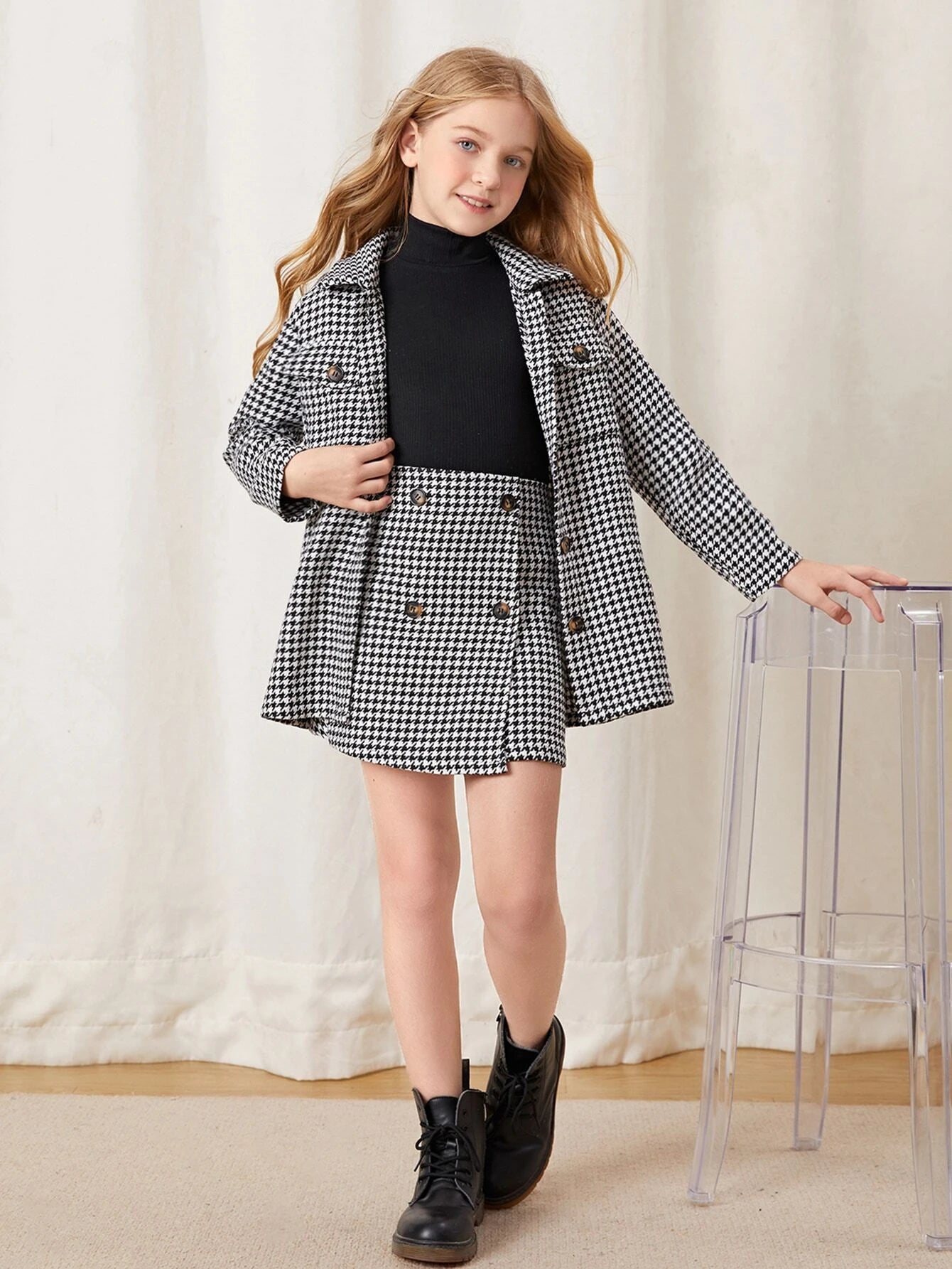SHEIN Girls Houndstooth Flap Pocket Tweed Coat & Double Breasted Skirt