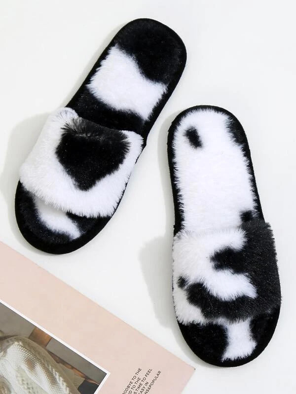 Cow Print Fuzzy Bedroom Slippers