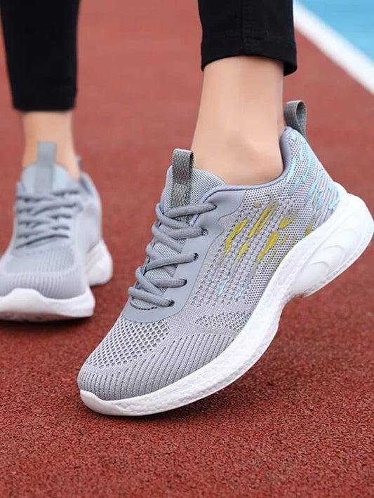 Women Striped Pattern Running Shoes Knit Lace-up Front Fashion Sports Shoes for Outdoor