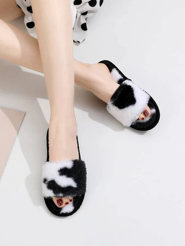 Cow Print Fuzzy Bedroom Slippers