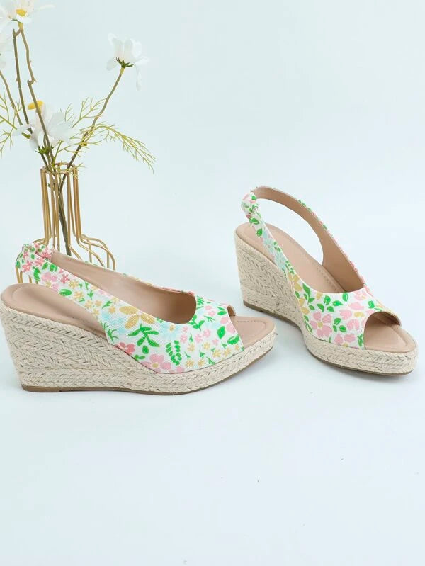 Women Floral Pattern Peep Toe Slingback Shoes, Vacation Canvas Court Wedges