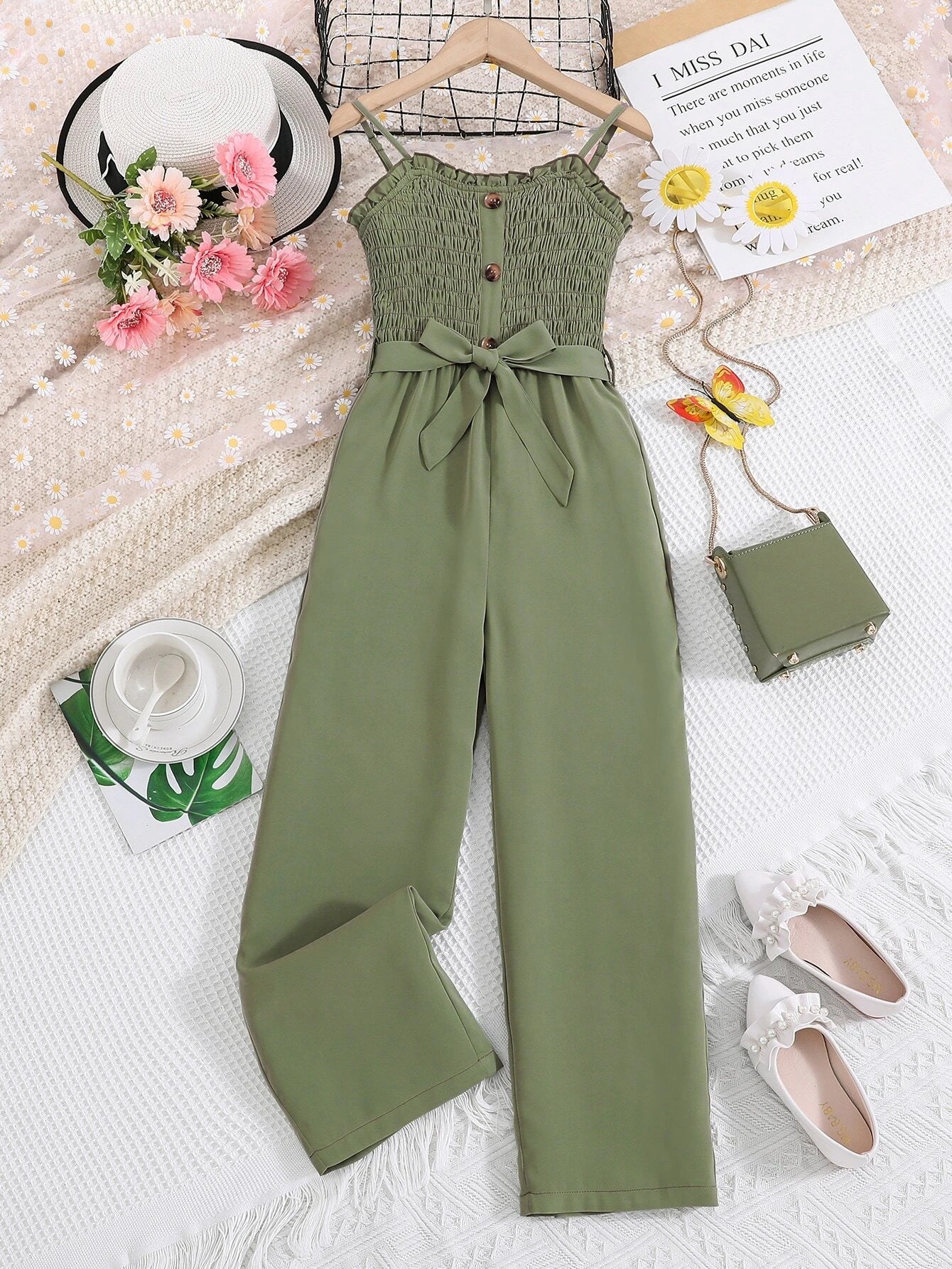 Girls Shirred Button Front Belted Cami Jumpsuit