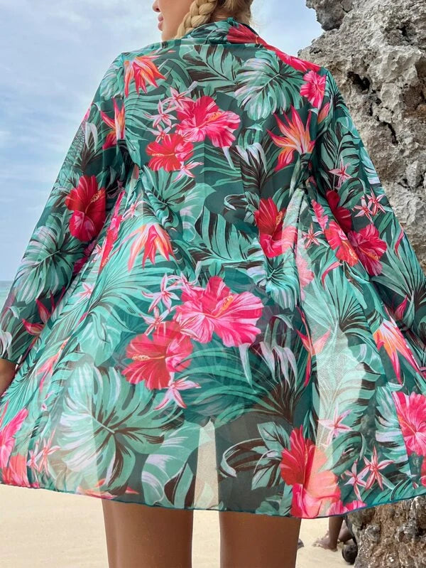 Tropical Print Bikini Swimsuit With Kimono