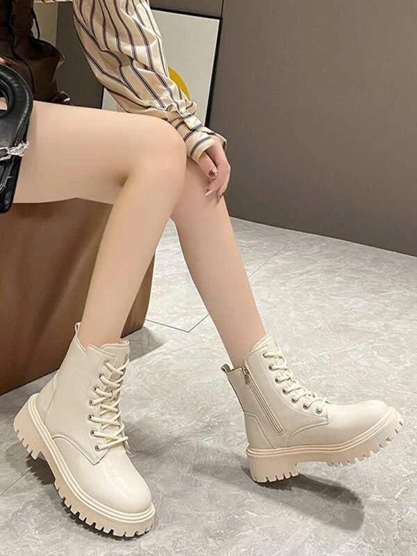 Zip Side Lace-up Front Thermal Lined Combat Boots