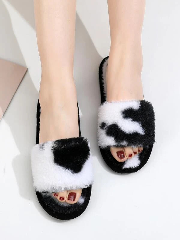 Cow Print Fuzzy Bedroom Slippers