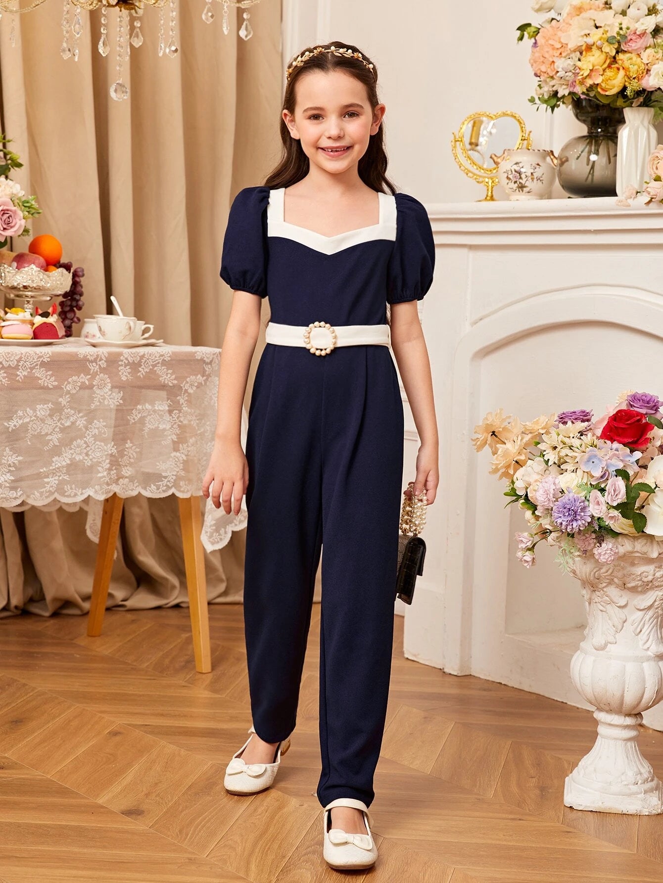 Girls Puff Sleeve Sweetheart Neck Self Belted Jumpsuit