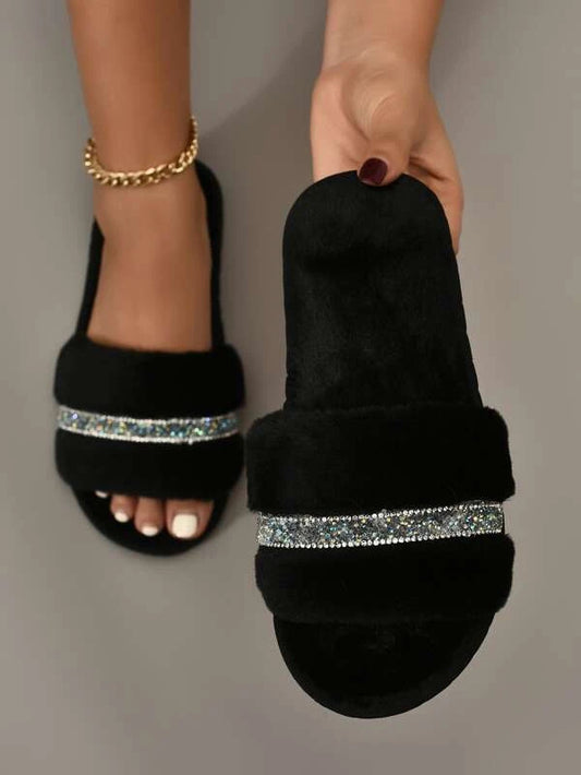 Rhinestone Decor Fuzzy Slippers