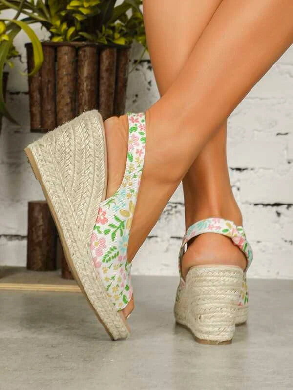 Women Floral Pattern Peep Toe Slingback Shoes, Vacation Canvas Court Wedges