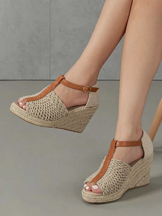 Weave Detail Peep Toe Espadrille Wedge Court Shoes