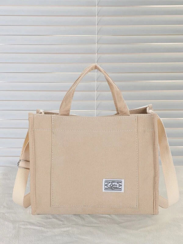 Letter Patch Corduroy Tote Bag