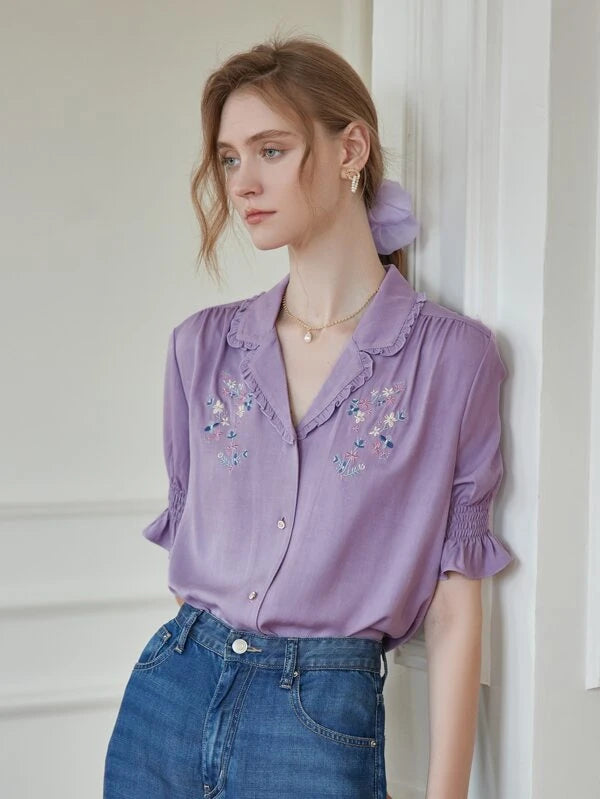 Simple Retro Floral Embroidery Flounce Sleeve Shirt
