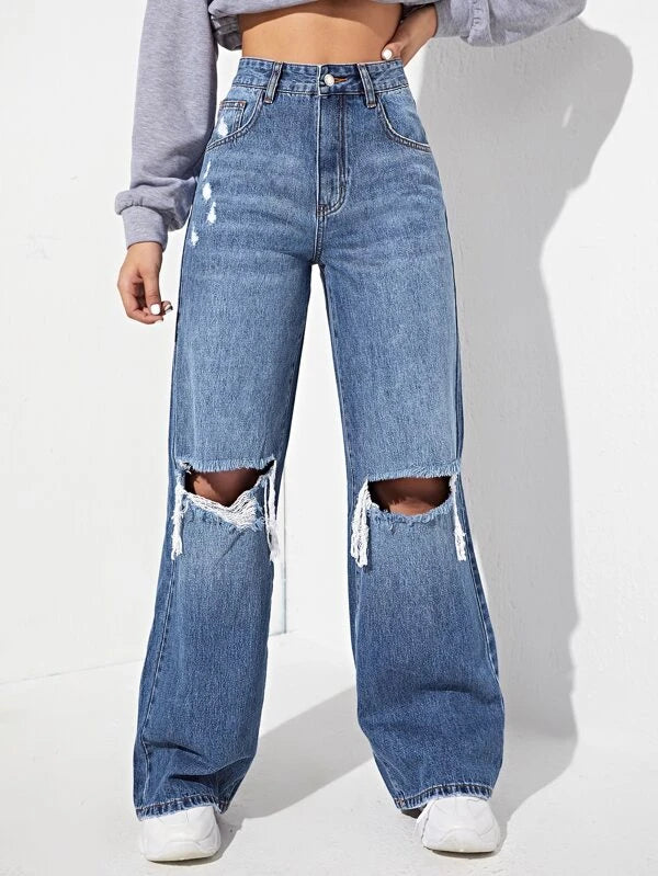 High Waisted Ripped Wide Leg Jeans