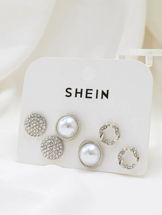 3pairs Rhinestone & Faux Pearl Decor Stud Earrings