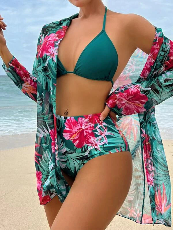 Tropical Print Bikini Swimsuit With Kimono