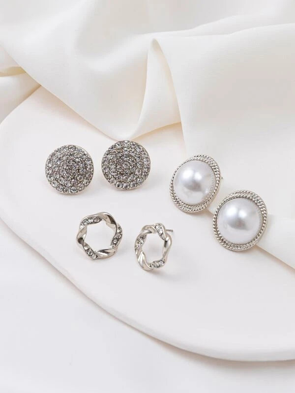 3pairs Rhinestone & Faux Pearl Decor Stud Earrings