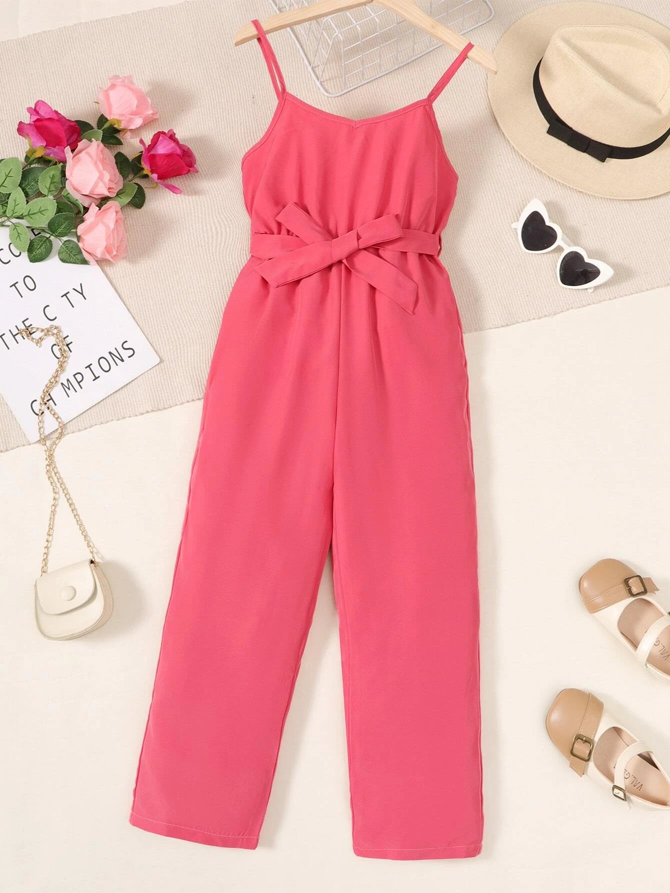 Girls Solid Belted Cami Jumpsuit