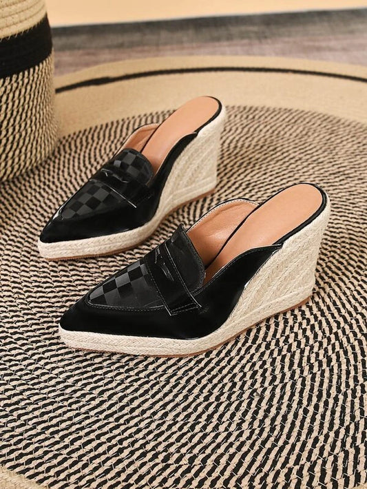 Vacation Black Court Wedge Shoes For Women, Plaid Pattern Point Toe Espadrille Shoes