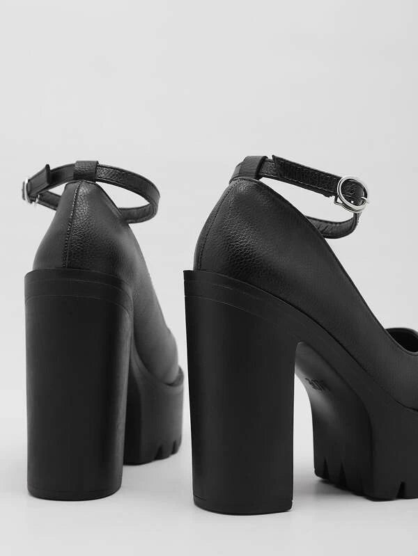 Women Minimalist Ankle Strap Platform Chunky Round Toe Pumps