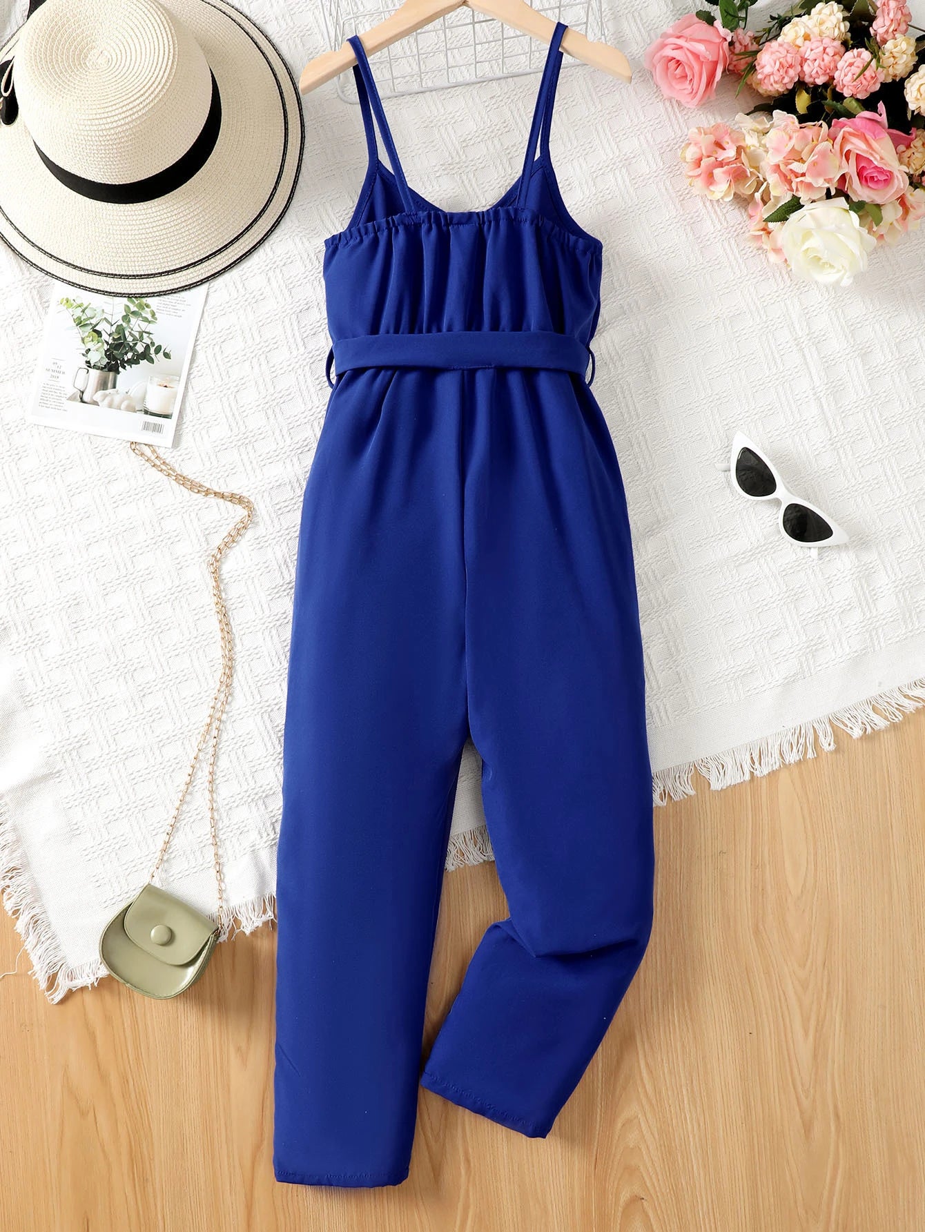 Girls Solid Belted Cami Jumpsuit