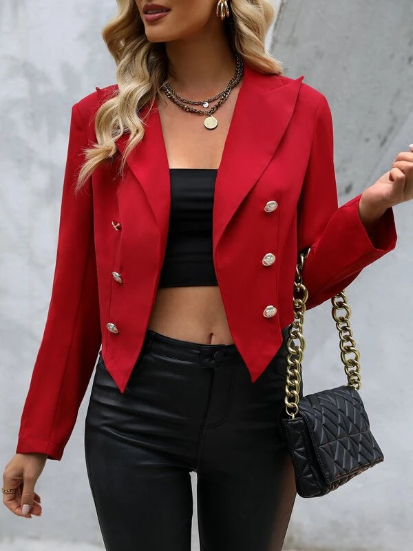 Solid Double Breasted Crop Blazer