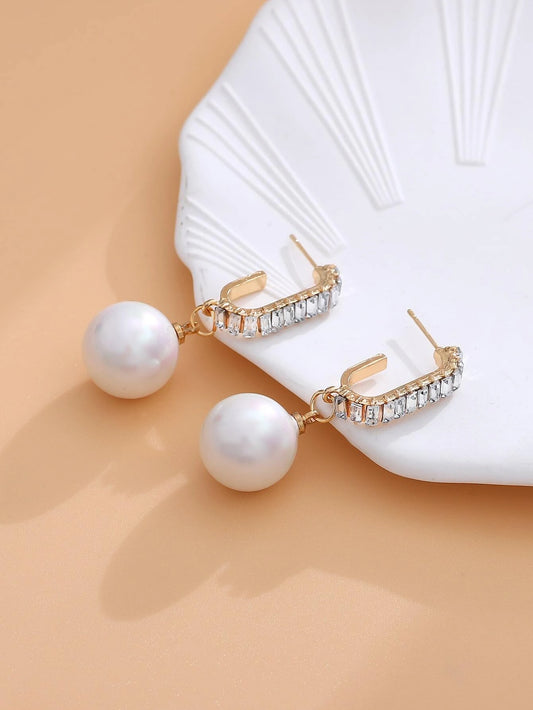 Rhinestone Decor Faux Pearl Drop Earrings