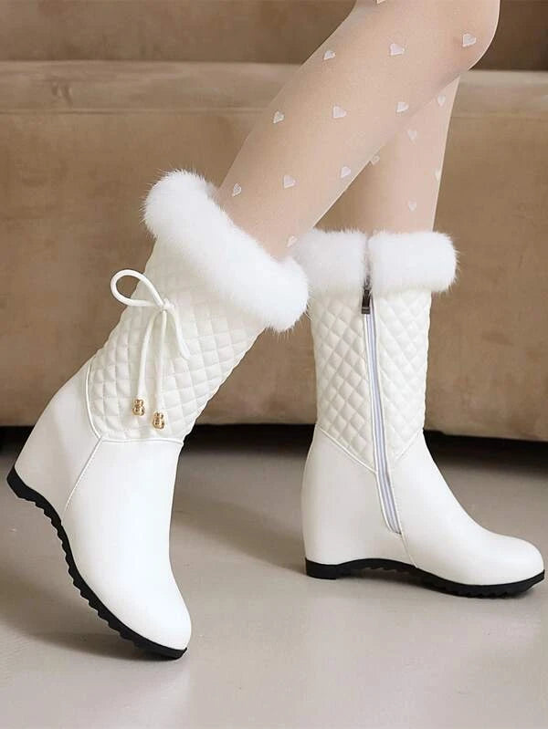 Bow Decor Teddy Lined Wedge Boots