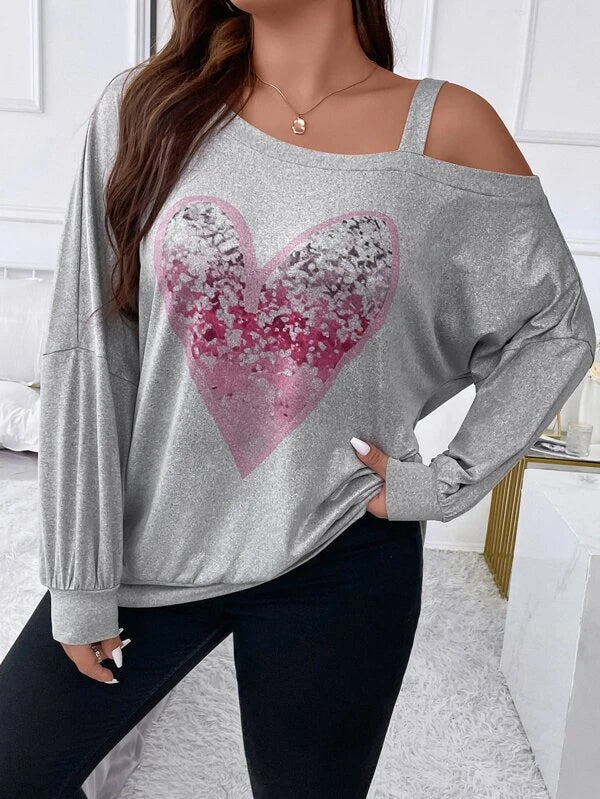 Plus Heart Print Asymmetrical Neck Drop Shoulder Sweatshirt