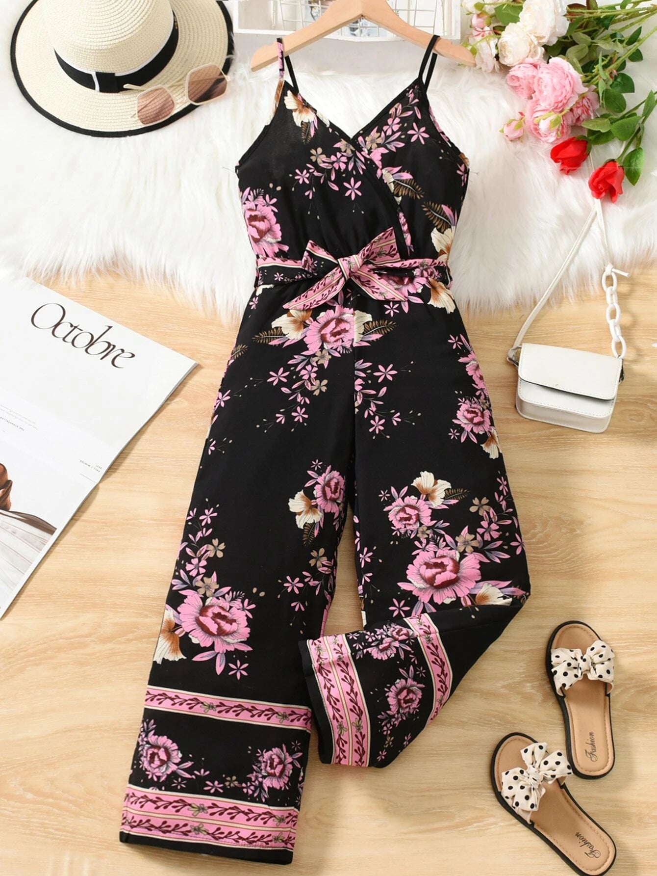 Girls Floral Print Belted Cami Jumpsuit