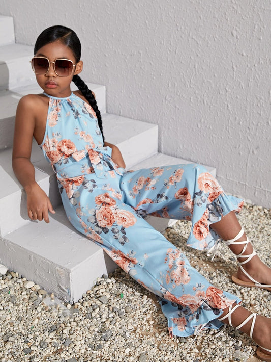 Girls Floral Print Ruffle Hem Belted Halter Jumpsuit