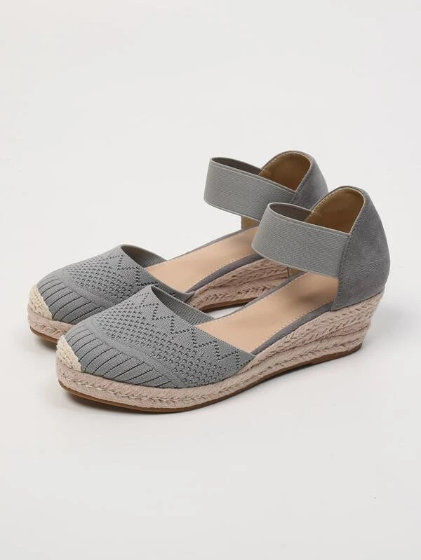 Vacation Grey Ankle Strap Wedge Shoes For Women, Knit Detail Espadrille Shoes