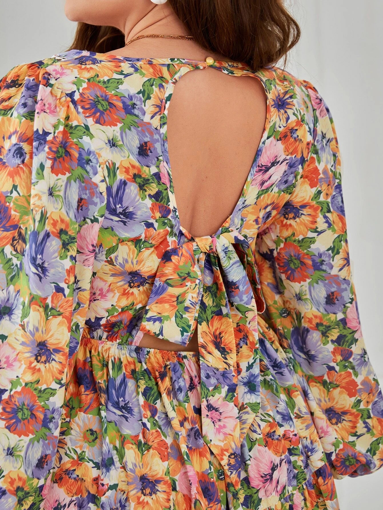 SHEIN VCAY Plus Floral Print Tie Backless Lantern Sleeve Ruffle Hem Dress