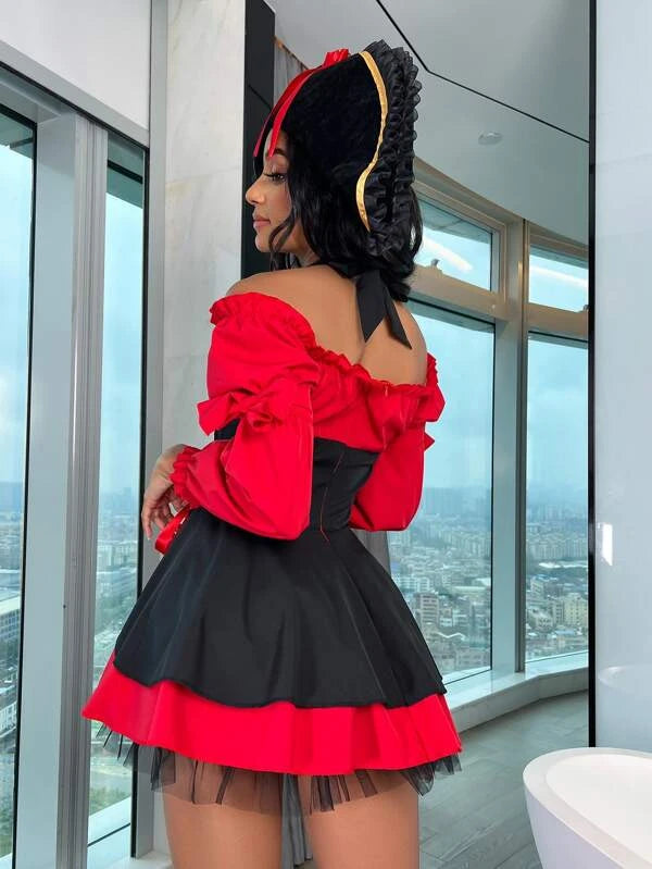 Colorblock Lace Up Front Halloween Costume Dress With Hat