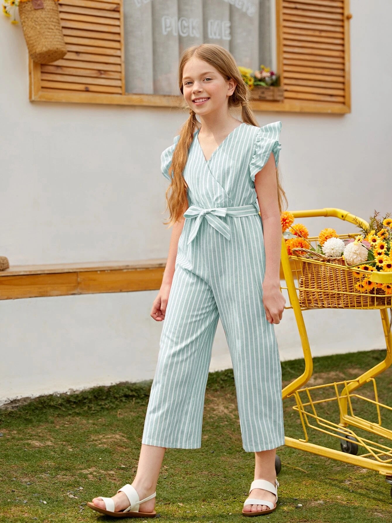 Girls Striped Butterfly Sleeve Belted Jumpsuit