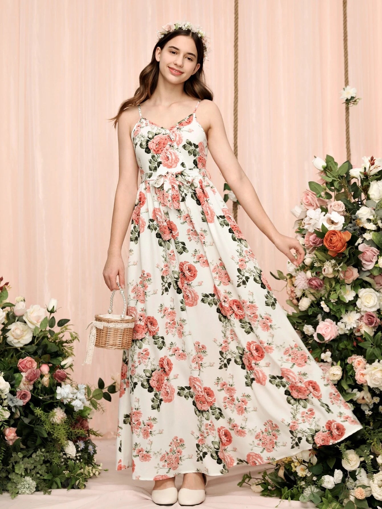 Teen Girls Floral Print Belted Cami Dress