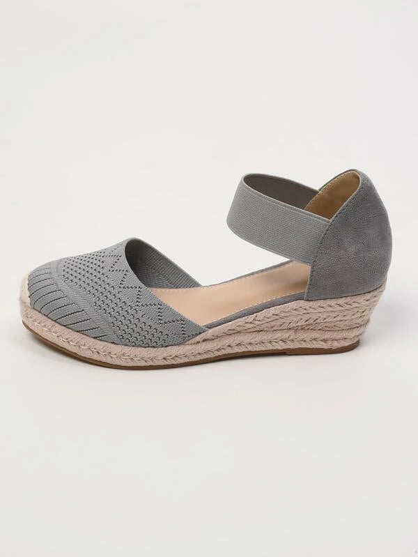 Vacation Grey Ankle Strap Wedge Shoes For Women, Knit Detail Espadrille Shoes