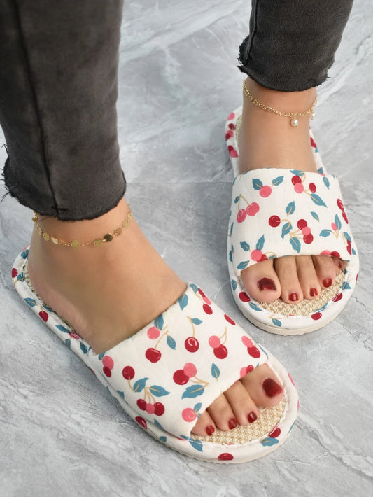 Women Lightweight Cherry Pattern Home Slippers, Fashionable Polyester Bedroom Slippers For Indoor