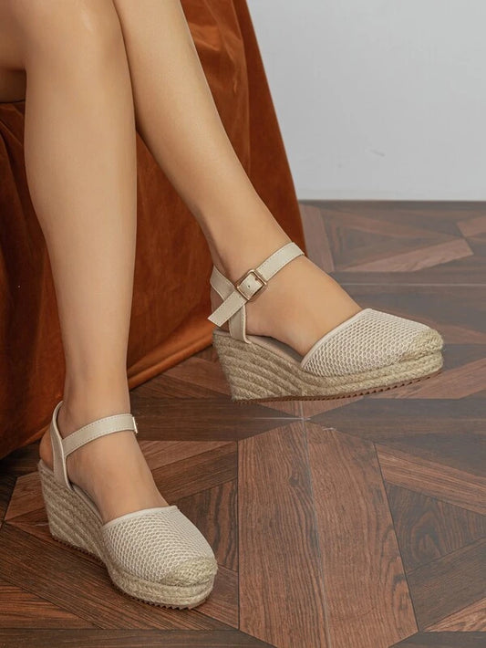 Vacation Beige Ankle Strap Wedge Shoes For Women, Knit Detail Espadrille Shoes