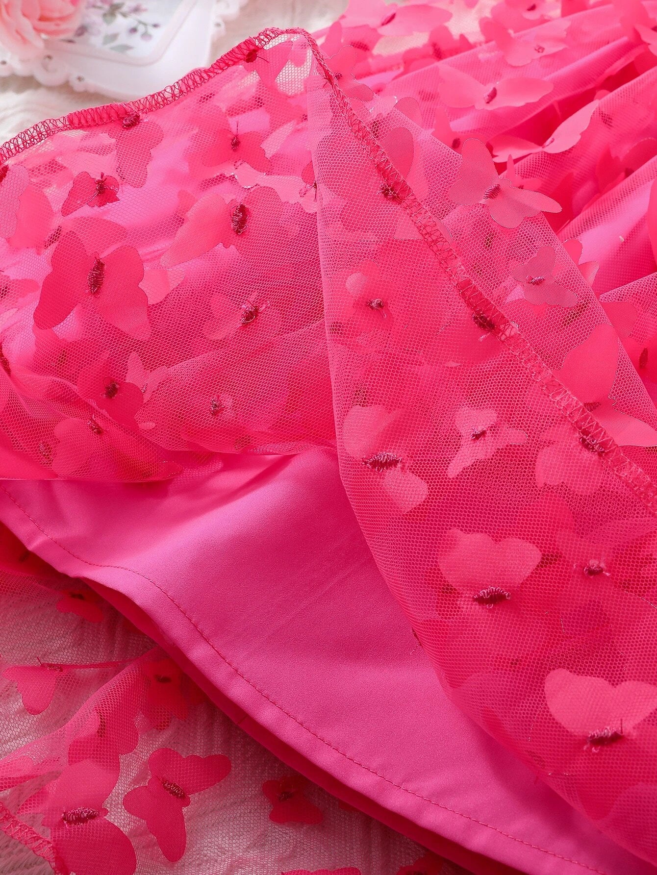 Girls Frill Trim Cami Top & Butterfly Appliques Mesh Overlay Skirt