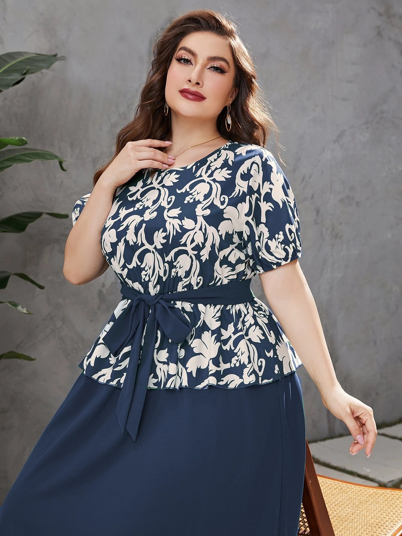 Plus Floral Print Puff Sleeve Peplum Waist Belted Dress