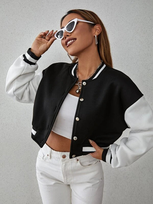 Drop Shoulder Two Tone Crop Bomber Jacket