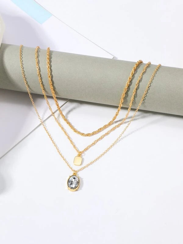 Rhinestone Oval & Square Charm Layered Necklace