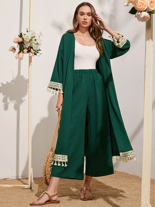 SHEIN Mulvari Embroidered Tape and Tassel Trim Abaya and Palazzo Pants Set