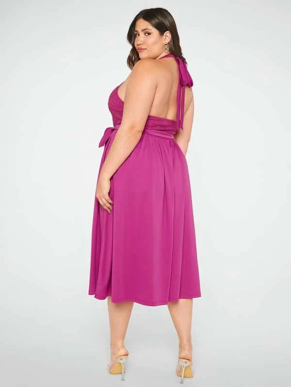 SHEIN Belle Plus Contrast Lace Belted Halter Neck Bridesmaid Dress